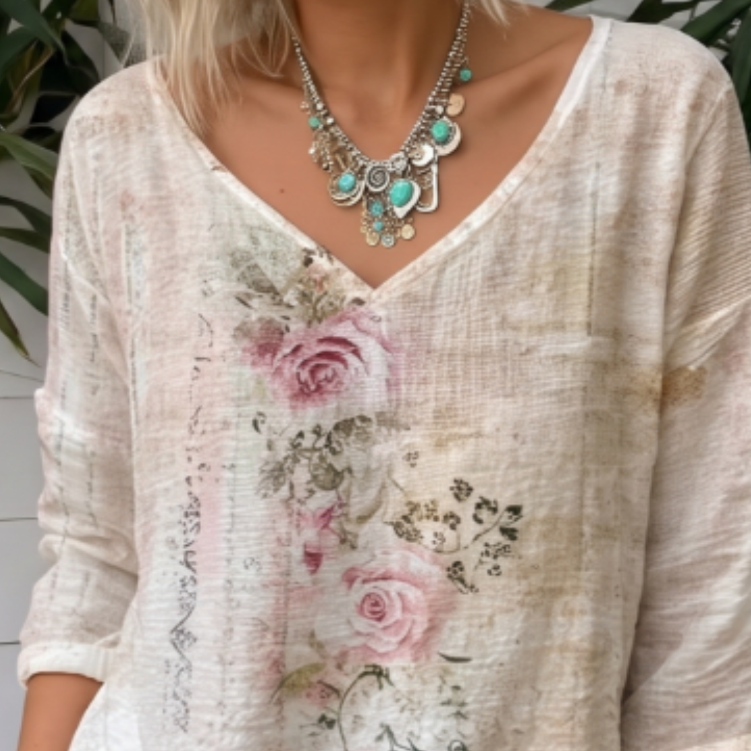 Damenbluse mit V-Ausschnitt, lange Ärmel, lockerer Schnitt, Vintage-Blumenprint