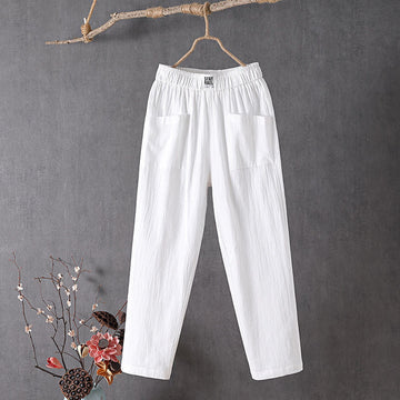Damenhose mit weitem Bein, 7/8-Länge, elastischer Bund, Front-Patchtaschen
