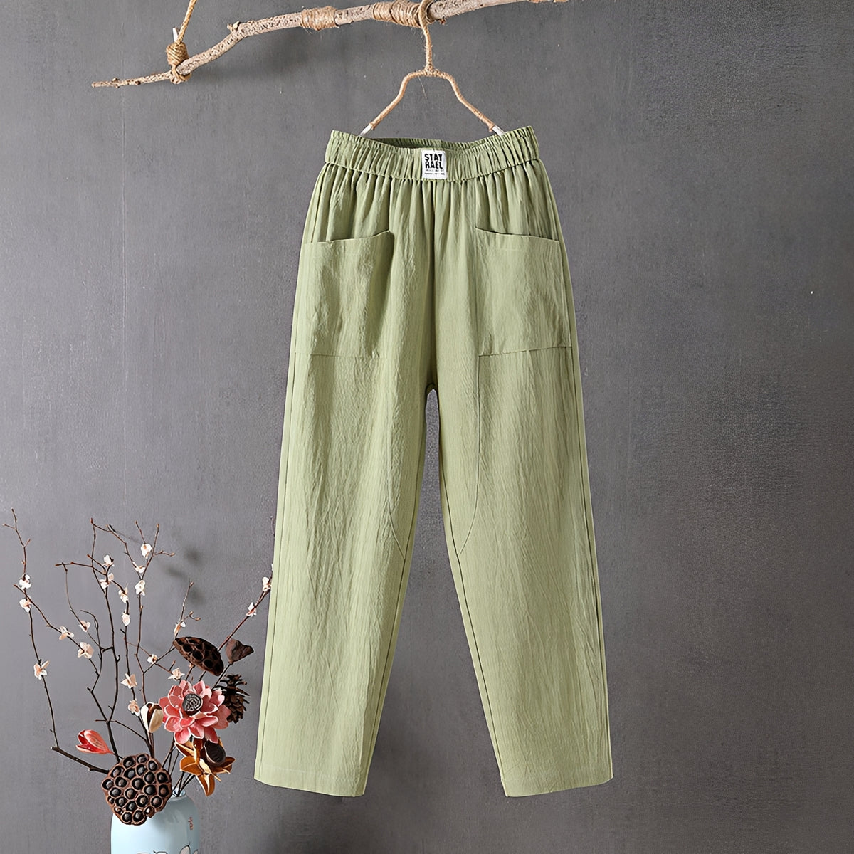 Damenhose mit weitem Bein, 7/8-Länge, elastischer Bund, Front-Patchtaschen