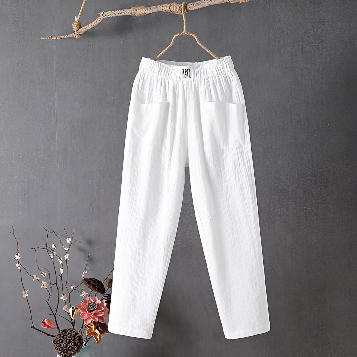 Damenhose mit weitem Bein, 7/8-Länge, elastischer Bund, Front-Patchtaschen