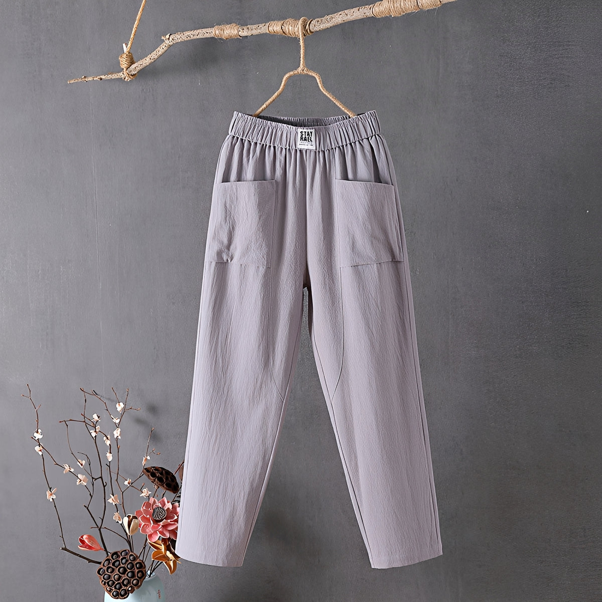 Damenhose mit weitem Bein, 7/8-Länge, elastischer Bund, Front-Patchtaschen