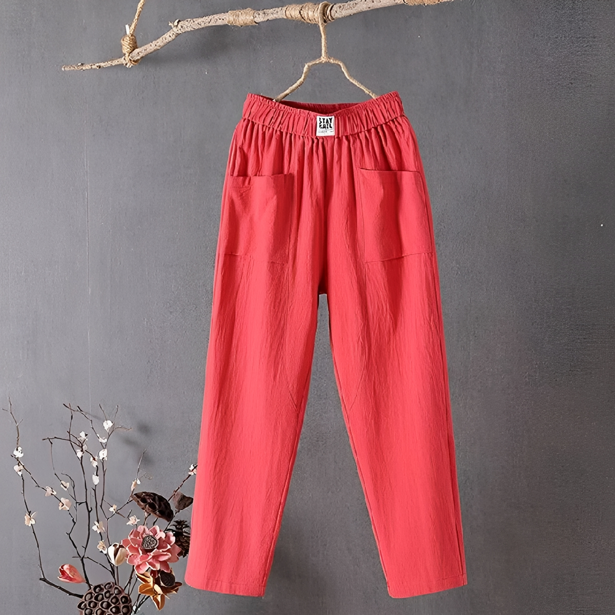 Damenhose mit weitem Bein, 7/8-Länge, elastischer Bund, Front-Patchtaschen