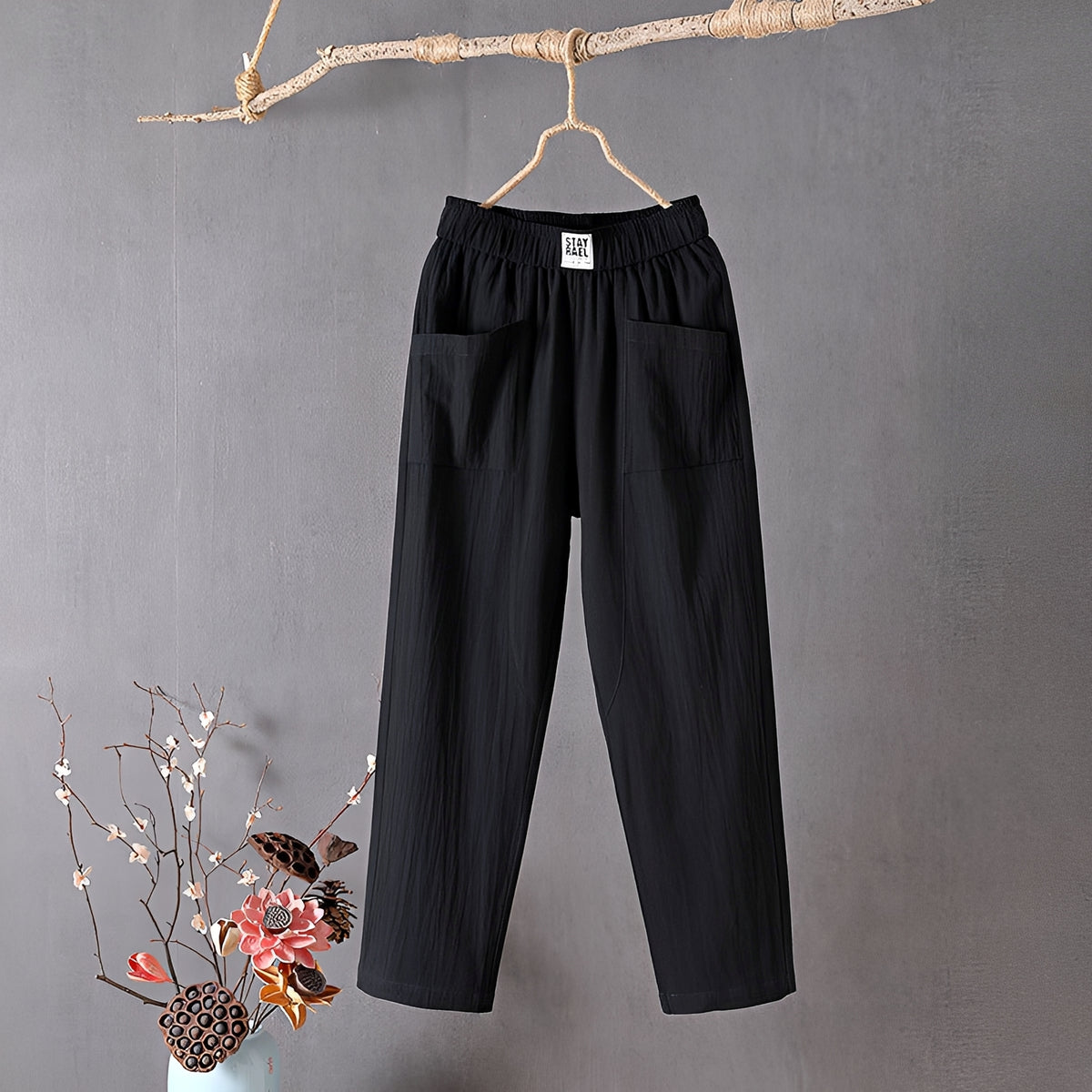 Damenhose mit weitem Bein, 7/8-Länge, elastischer Bund, Front-Patchtaschen