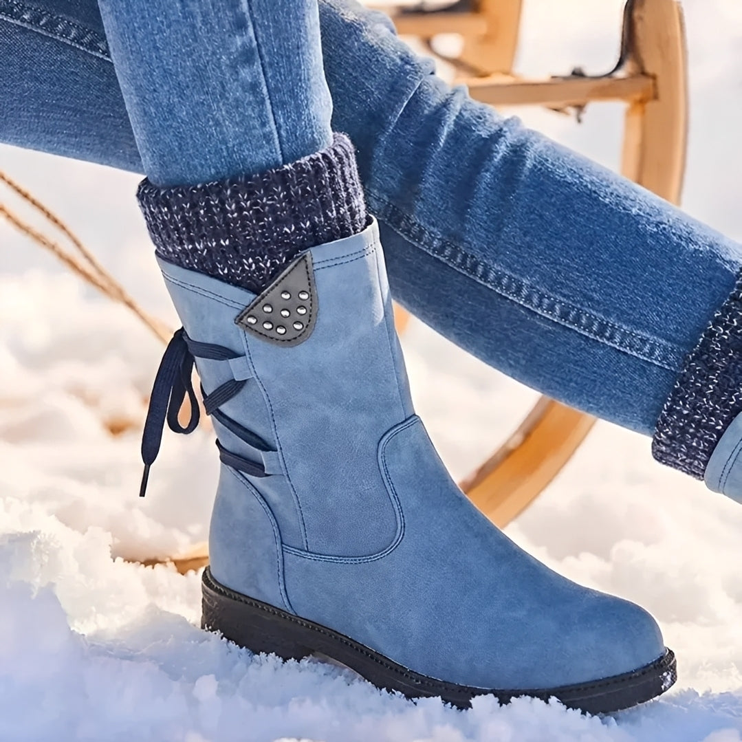 Damenschuhe Stiefel Mid-Calf - Schnürung, Nieten-Details, Warmer Schaft