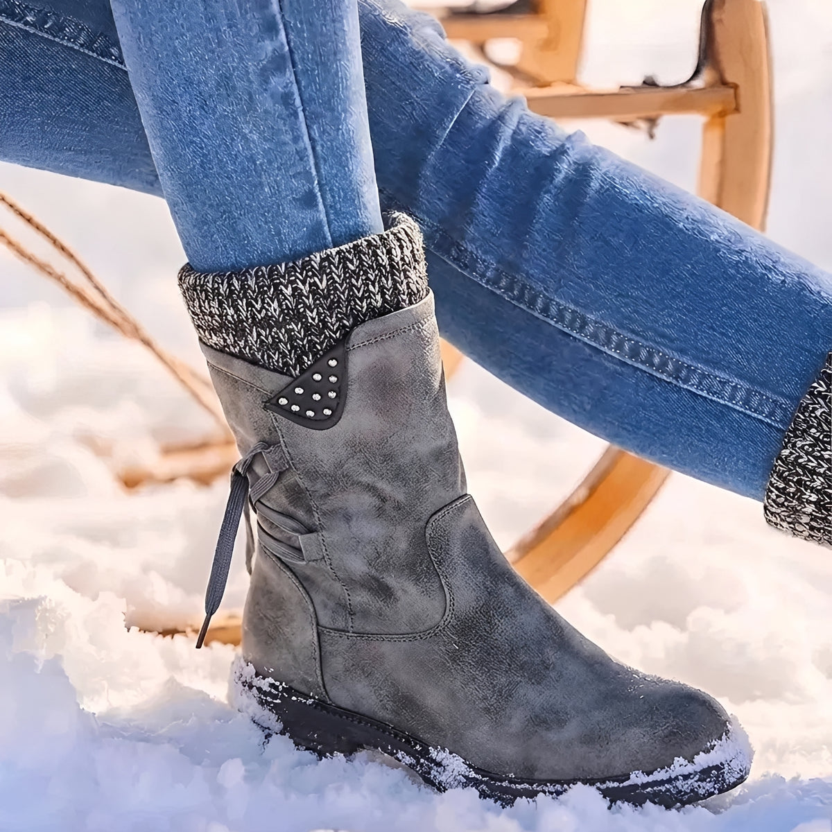 Damenschuhe Stiefel Mid-Calf - Schnürung, Nieten-Details, Warmer Schaft