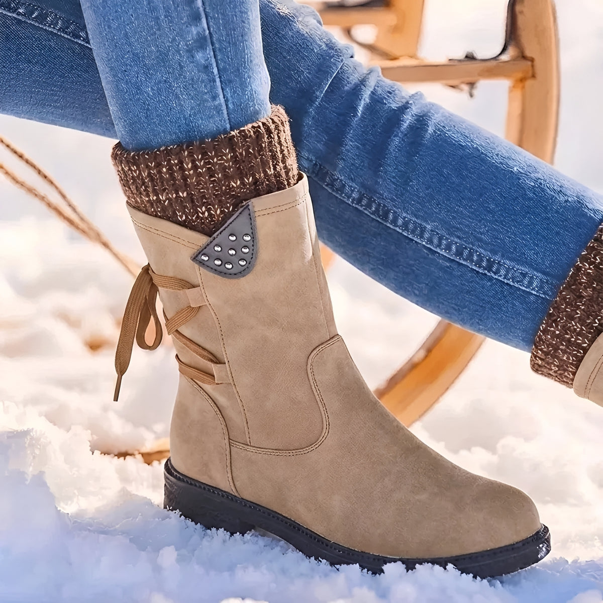 Damenschuhe Stiefel Mid-Calf - Schnürung, Nieten-Details, Warmer Schaft