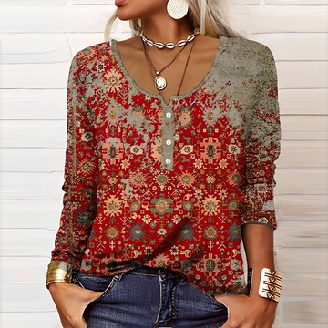 Damentop Langarmshirt mit Knopfleiste und floralem Muster