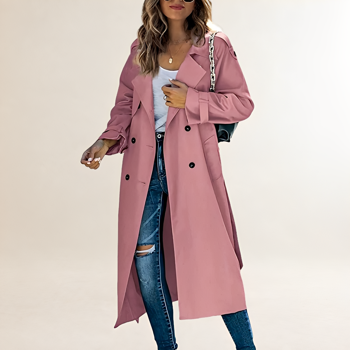 Damentraincoat Doppelreihig lang mit klassischen Revers und Seitentaschen
