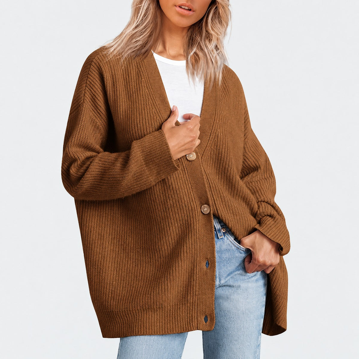 Damentunika mit V-Ausschnitt und Knopfleiste im Oversized Schnitt