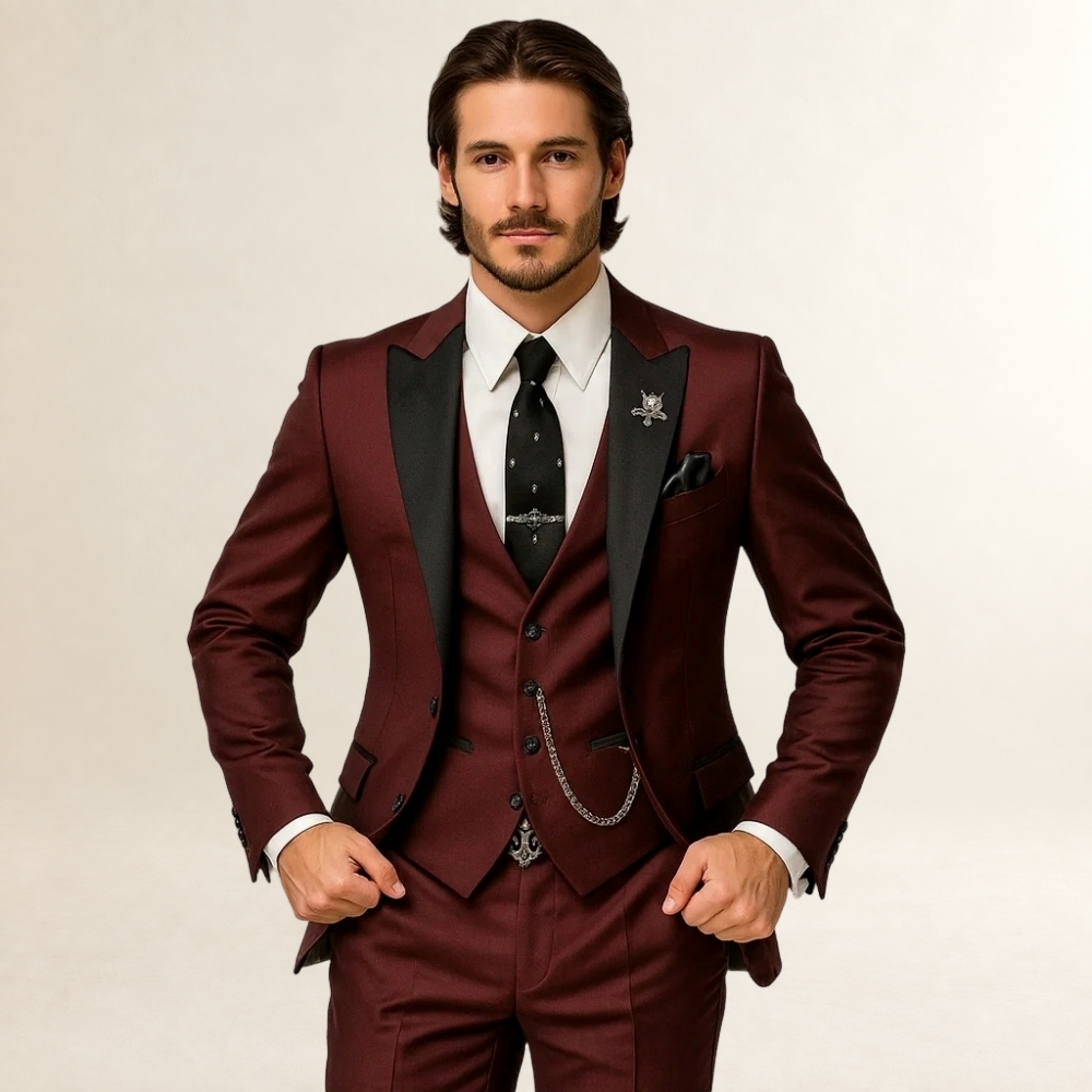 Herren Anzug Dreiteilig Slim Fit mit Spitzrevers und Weste