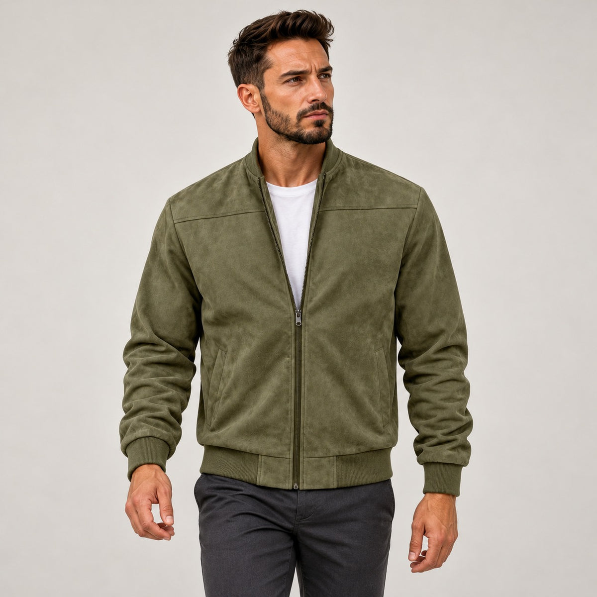 Herren Bomberjacke Zipverschluss Slim Fit Rippkragen und Bündchen