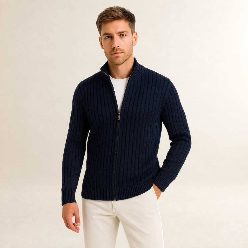Herren Cardigan mit Reißverschluss - Fitted Schnitt, hoher Kragen, lange Ärmel, Rippstruktur