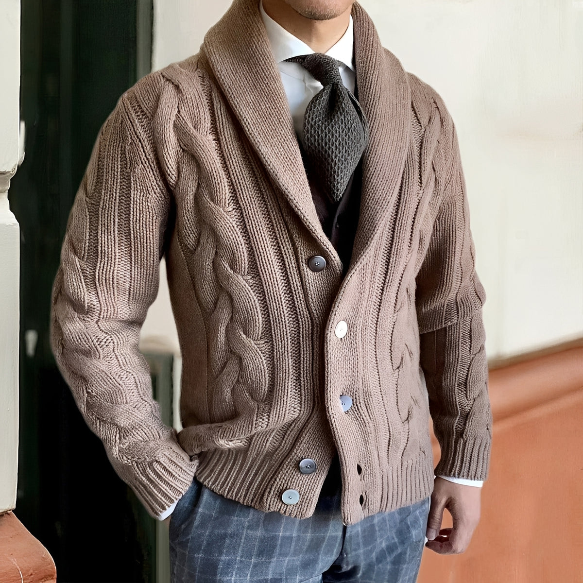 Herren Cardigan mit Shawl-Kragen - Knopfverschluss, Langarm, lockerer Schnitt
