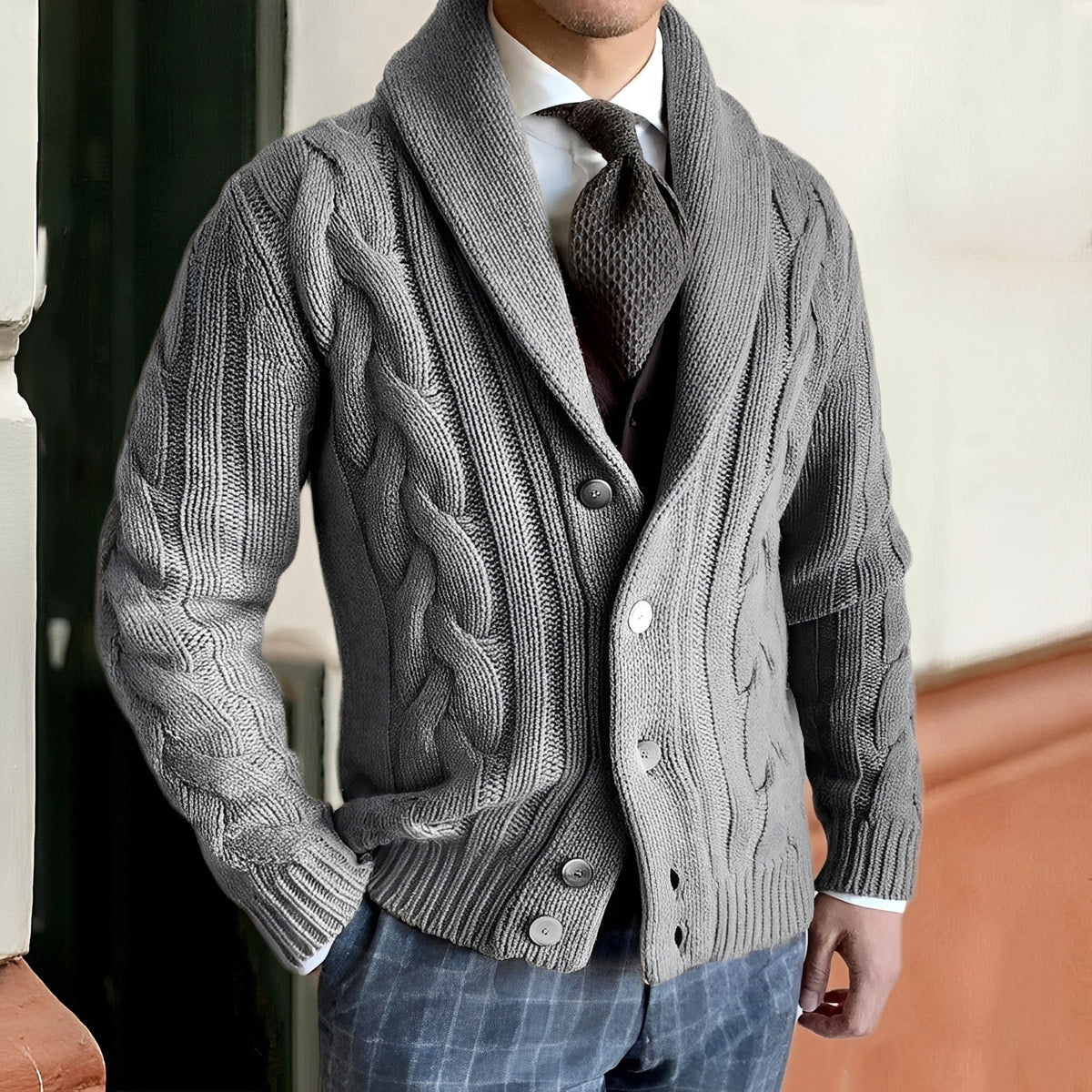 Herren Cardigan mit Shawl-Kragen - Knopfverschluss, Langarm, lockerer Schnitt