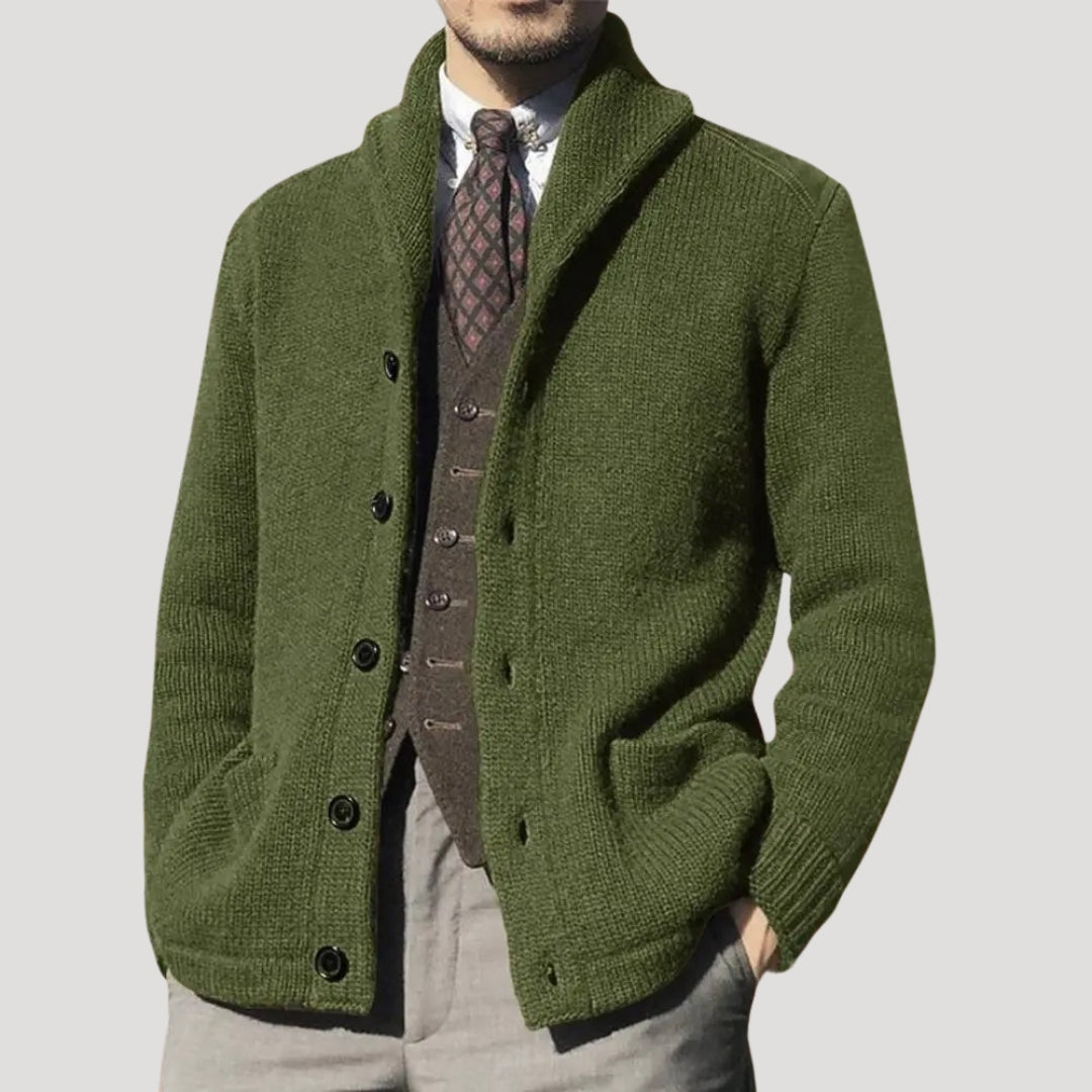 Herren Cardigan mit Shawl-Kragen und Knopfverschluss - mit Ellenbogen-Patches und lockerer Passform