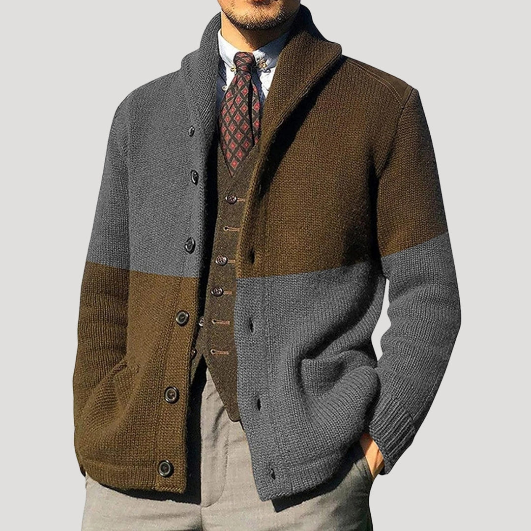 Herren Cardigan mit Shawl-Kragen und Knopfverschluss - mit Ellenbogen-Patches und lockerer Passform