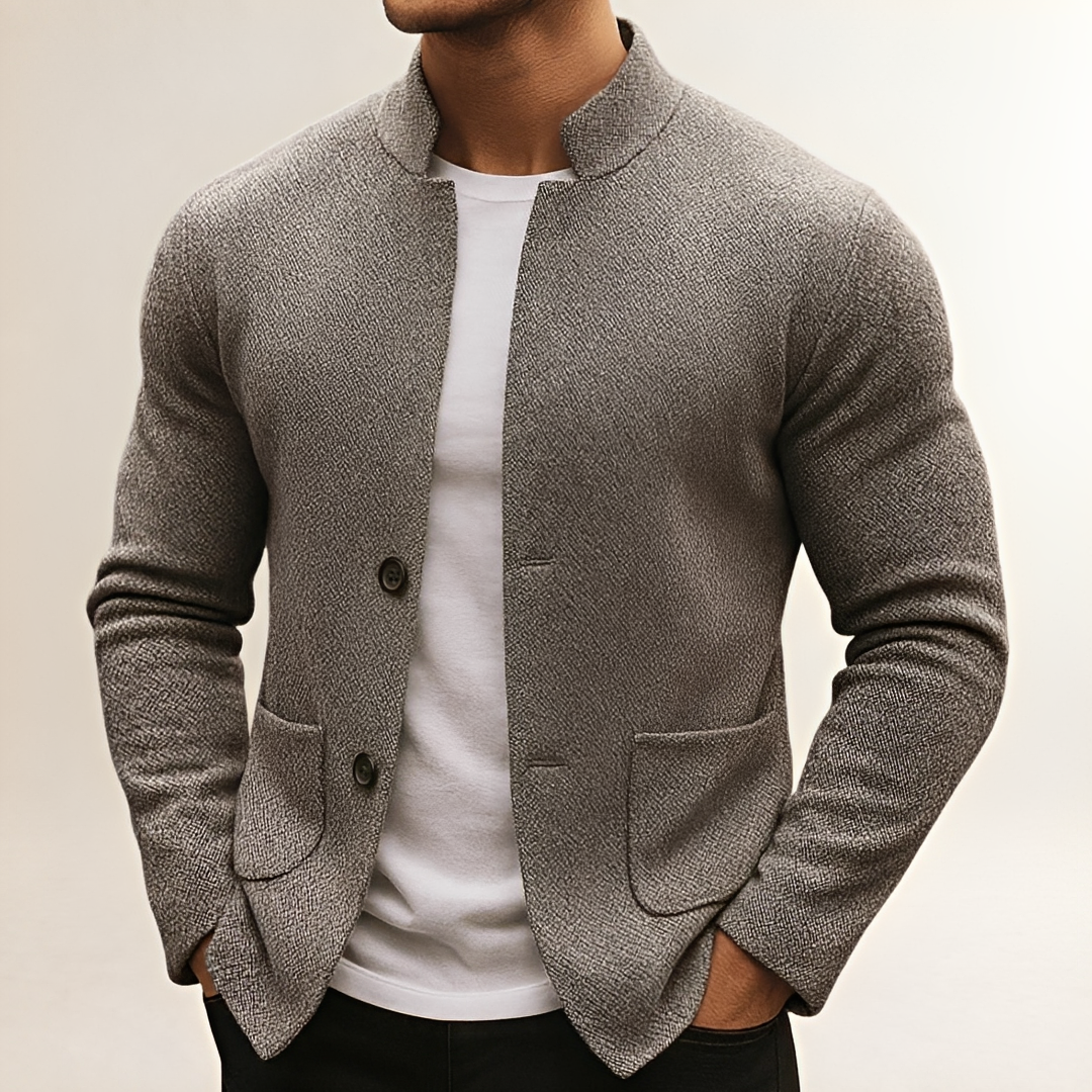 Herren Cardigan mit Stehkragen, Zwei-Knopf-Verschluss, Patch-Pockets, Strukturierte Oberfläche, Regularer Schnitt