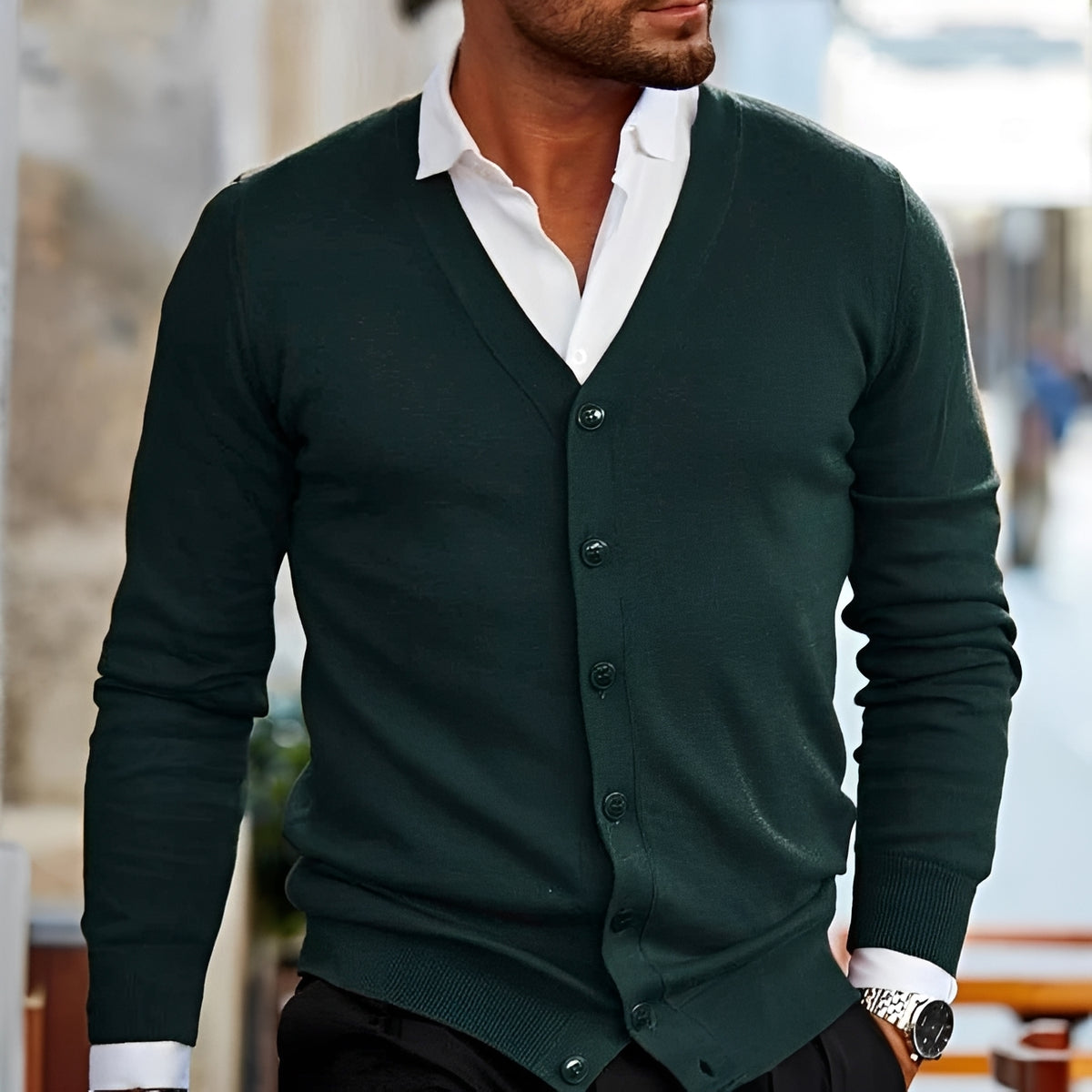 Herren Cardigan V-Ausschnitt Knopfleiste Langarm Freizeitpassform