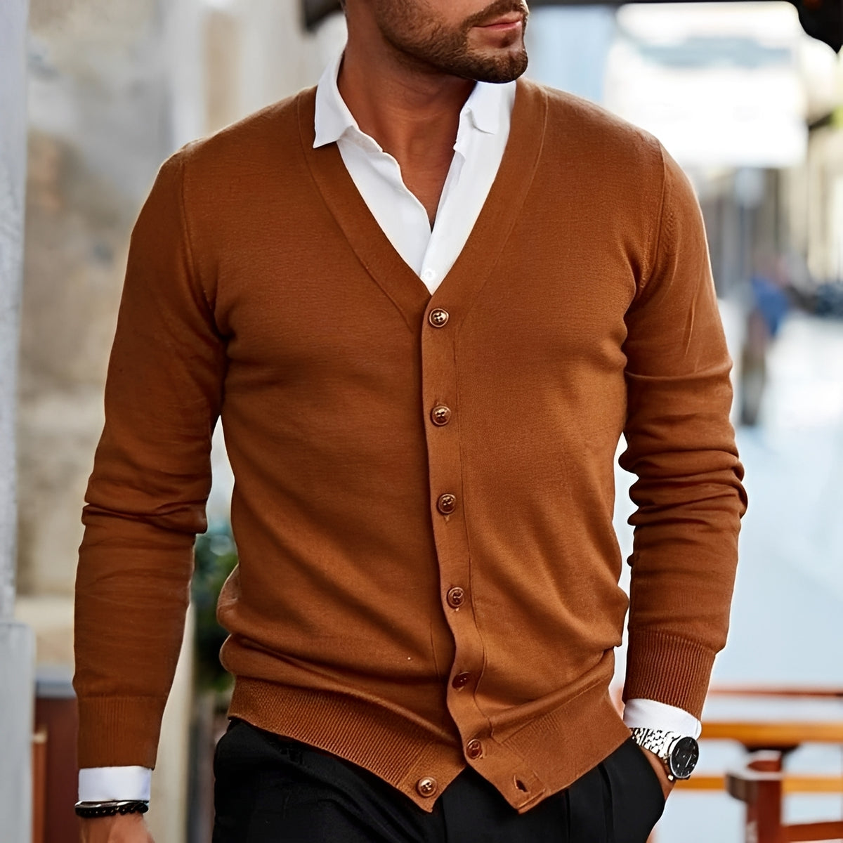 Herren Cardigan V-Ausschnitt Knopfleiste Langarm Freizeitpassform