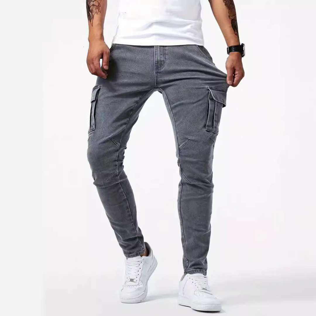 Herren Cargo Jeans Slim-Tapered mit Thigh-Flap Taschen – Knie-Paneele, Elastizität, Mid-Rise