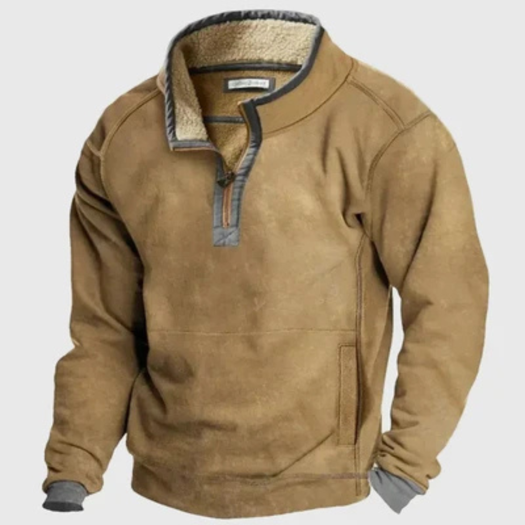 Herren Halb-Reißpullover mit Stehkragen und Kontrast-Patches an Ellenbogen, relaxed fit