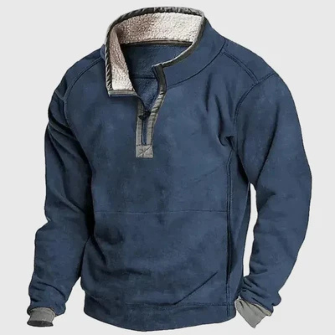 Herren Halb-Reißpullover mit Stehkragen und Kontrast-Patches an Ellenbogen, relaxed fit