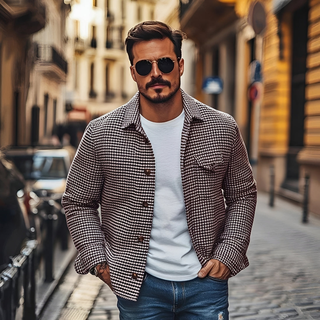 Herren Hemdjacke mit Hahnentritt-Muster und Knopfverschluss - Relaxed Fit