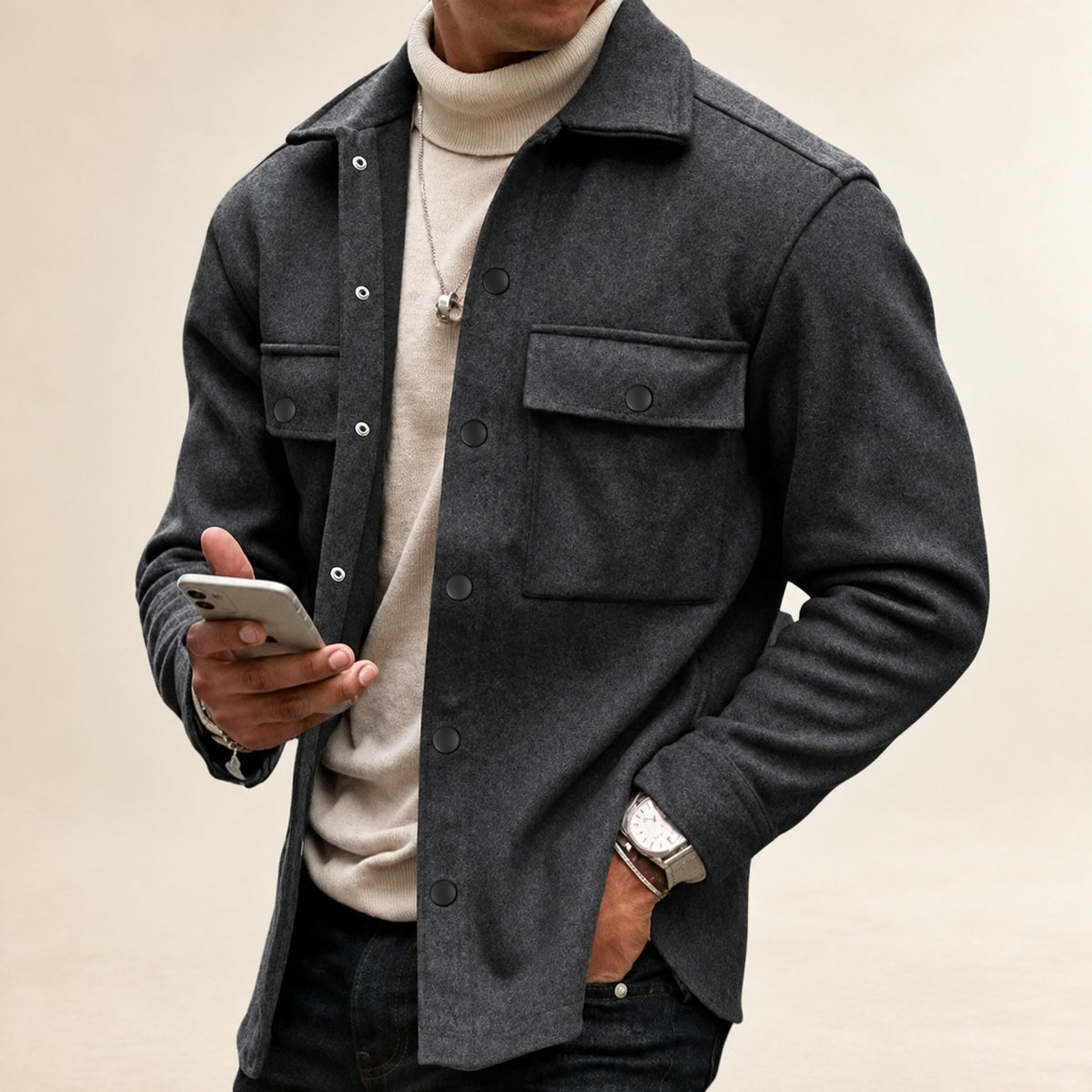 Herren Hemdjacke mit Knopfleiste und Brusttaschen - Lässiger Schnitt langarm