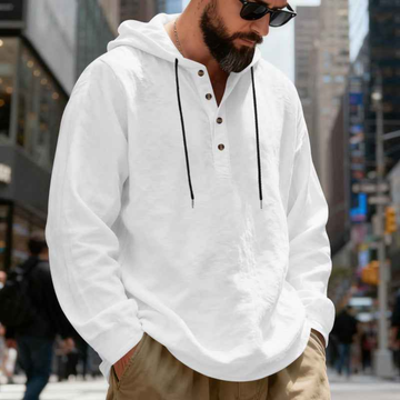 Herren Hoodie-Henley-Shirt mit Kapuze und Kordelzug - 3-Knopf Henley Ausschnitt, Langarm, Lockerer Schnitt