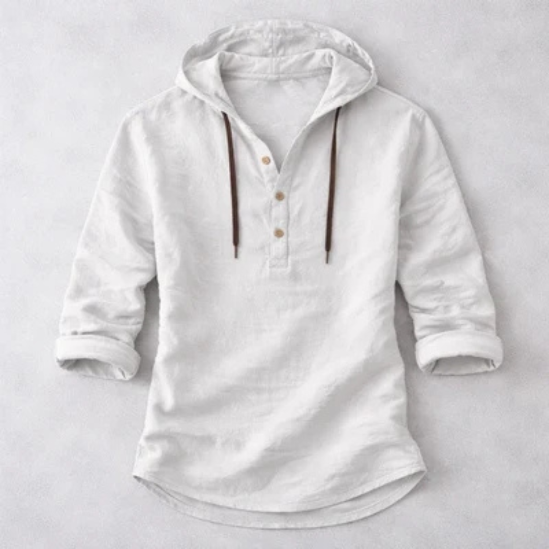 Herren Hoodie-Henley-Shirt mit Kapuze und Kordelzug - 3-Knopf Henley Ausschnitt, Langarm, Lockerer Schnitt