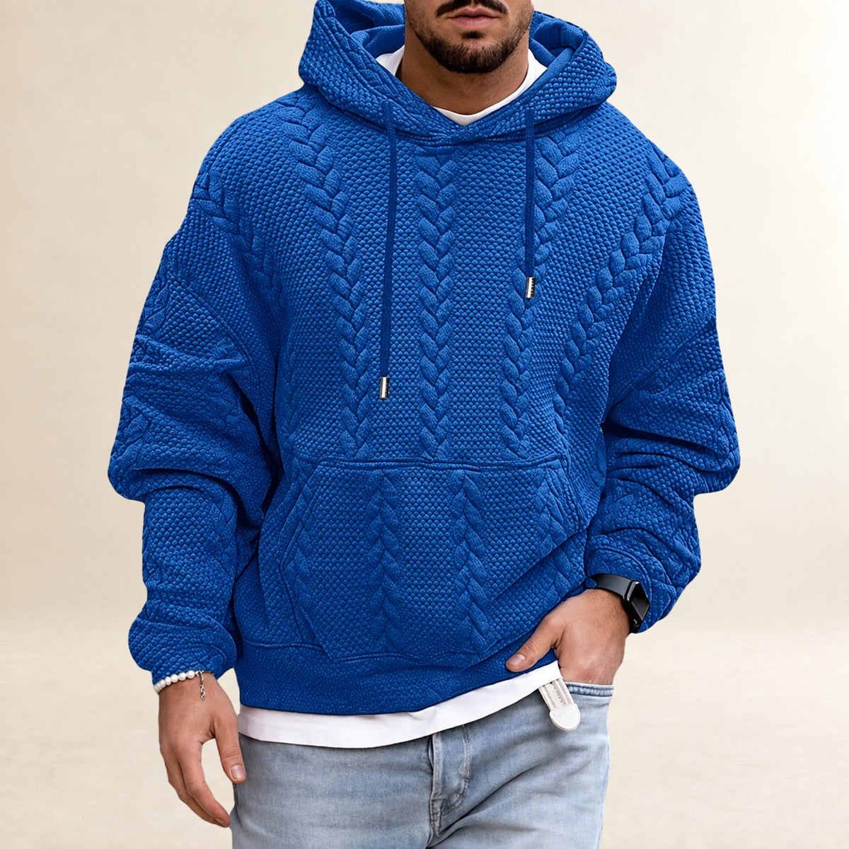 Herren Hoodie - Strukturmuster mit Kängurutasche, Lockere Passform