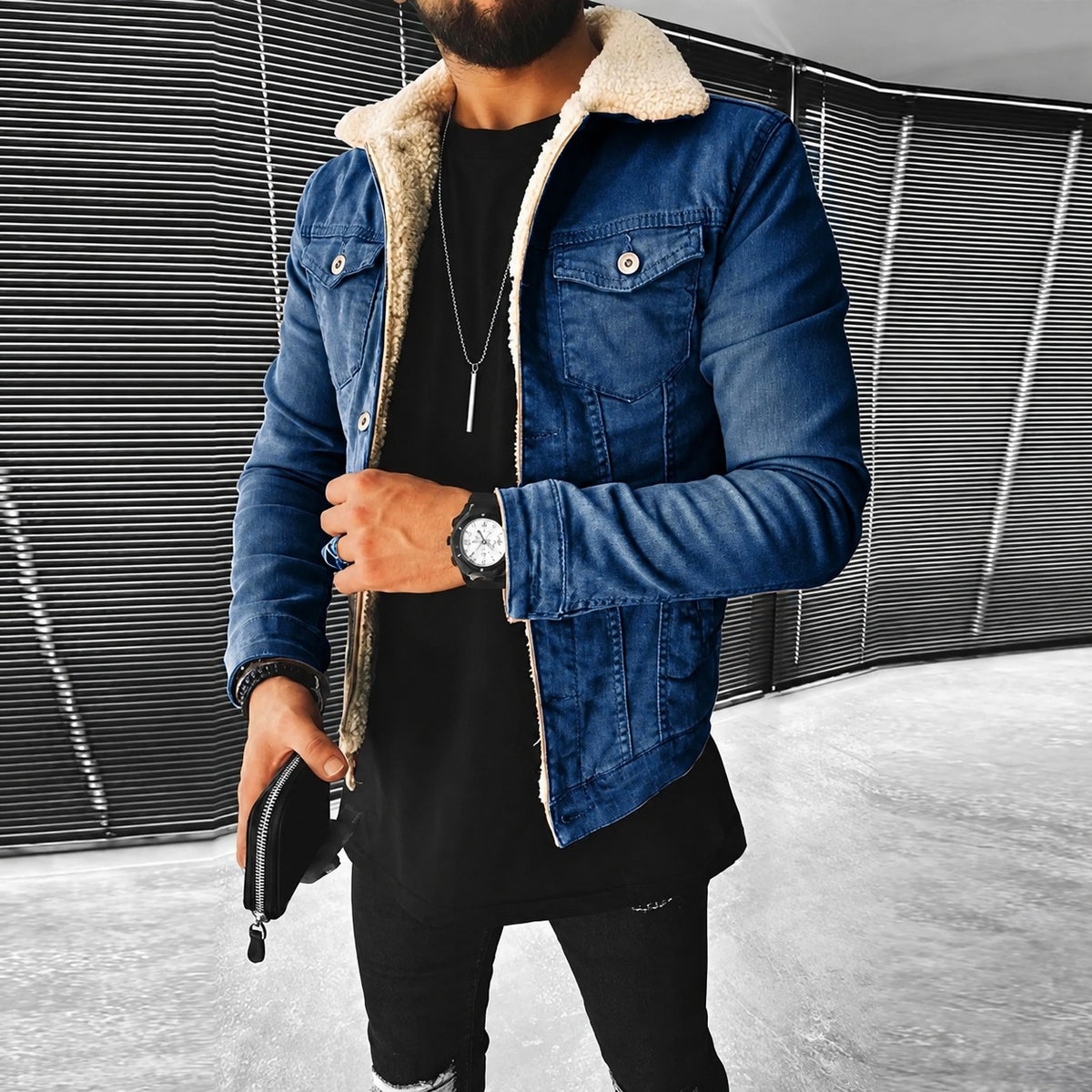 Herren Jacke - Fitted Design mit Knopfverschluss und Kontrastkragen