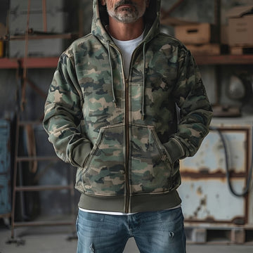 Herren Kapuzenjacke mit Camouflage-Muster Voll-Reißverschluss langarm