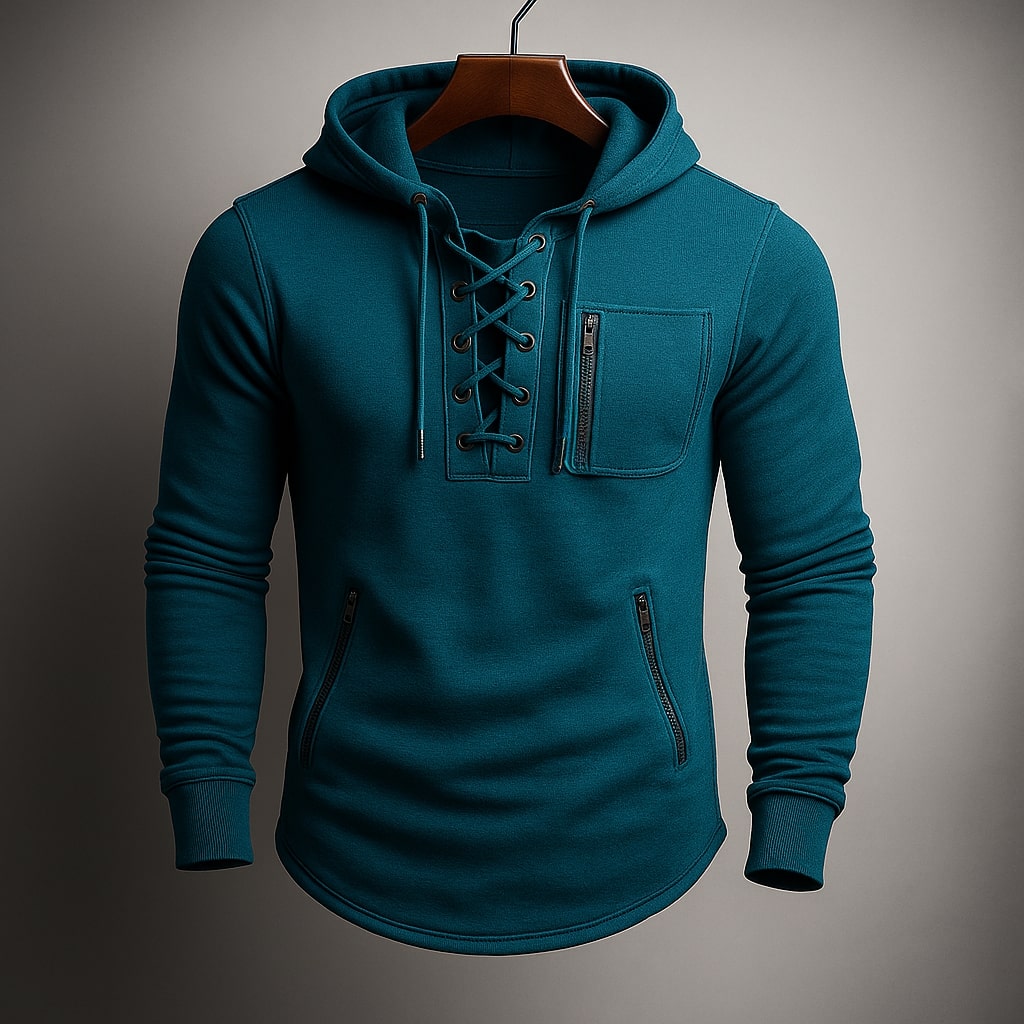 Herren Kapuzenpullover mit Schnürung vorne und Reißverschlusstaschen