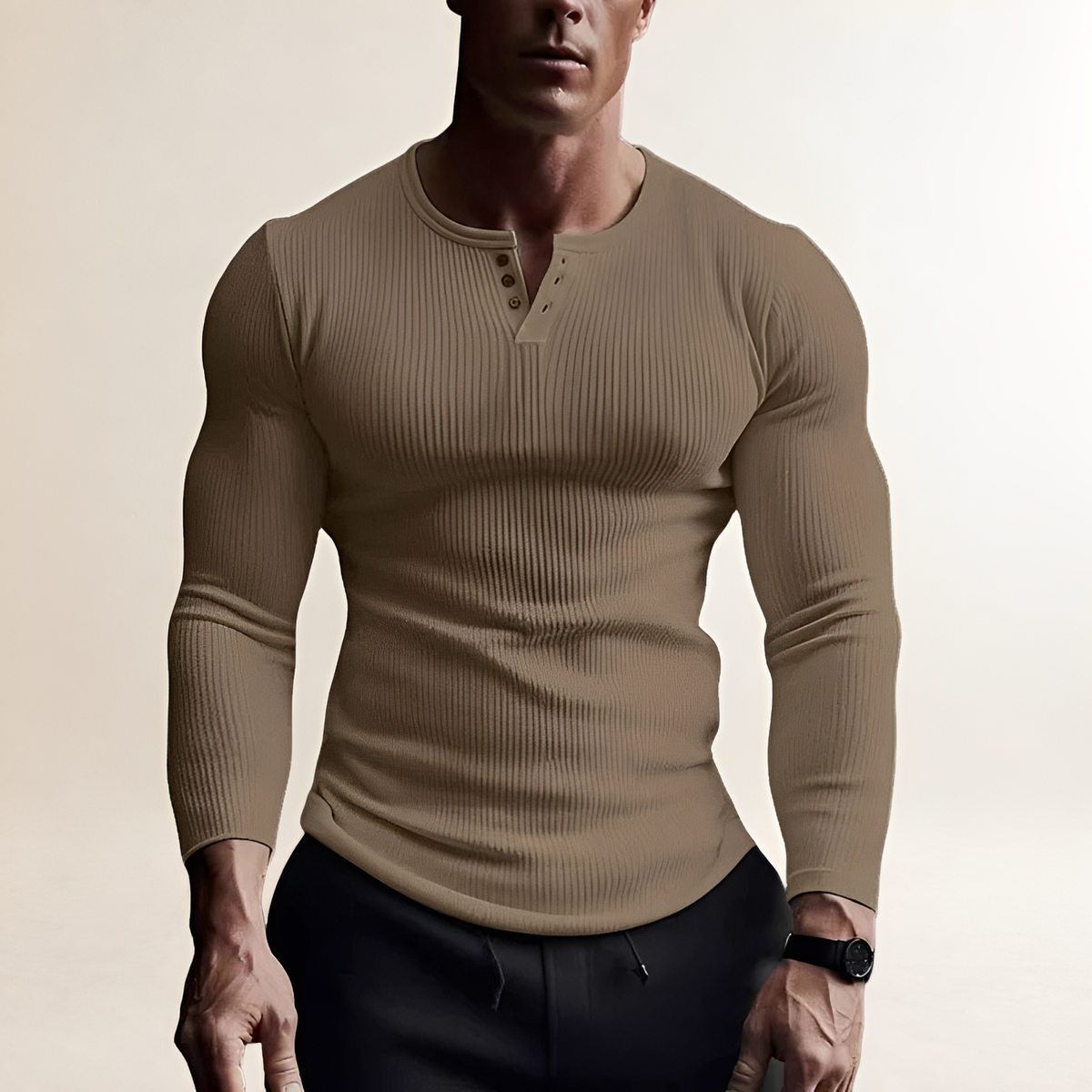 Herren Langarm Henley Shirt Slim Fit Ribbed Design Rundhalsausschnitt mit Knopfleiste