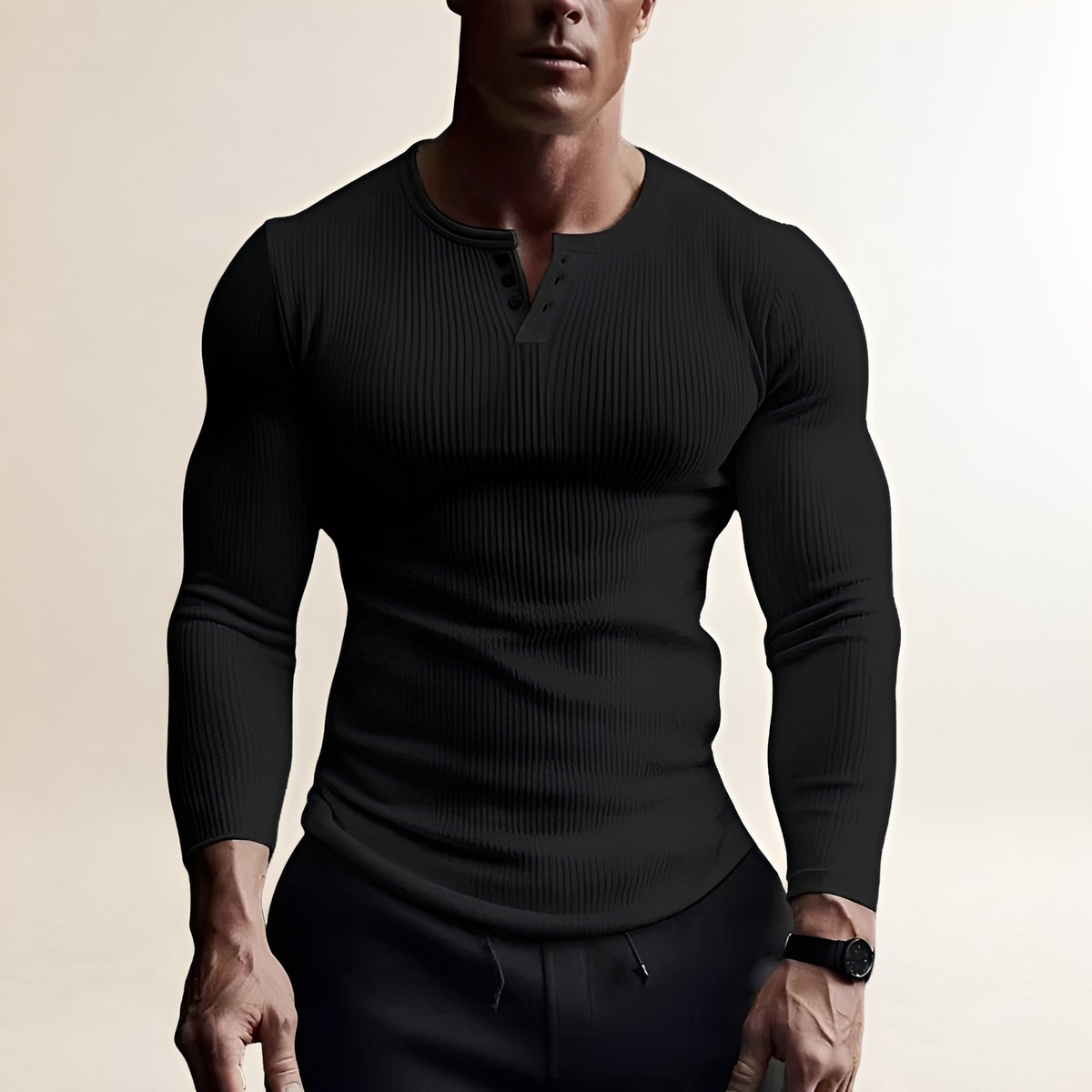 Herren Langarm Henley Shirt Slim Fit Ribbed Design Rundhalsausschnitt mit Knopfleiste