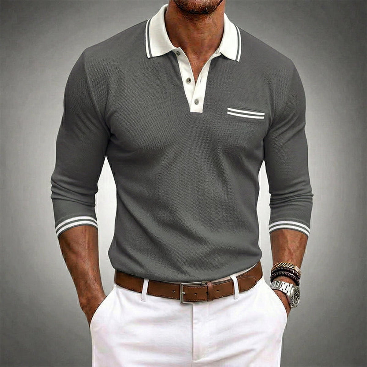 Herren Langarm Polo mit Kontrastdetails und Brusttasche