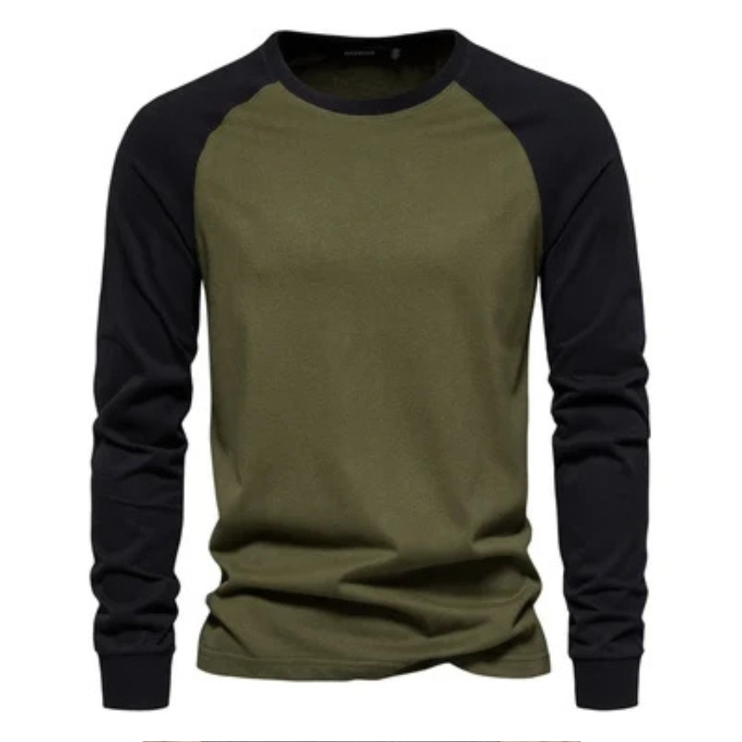 Herren Langarm-Raglanshirt mit Kontrastärmeln - Rundhals-Ausschnitt, schmale Passform, Brustlogo