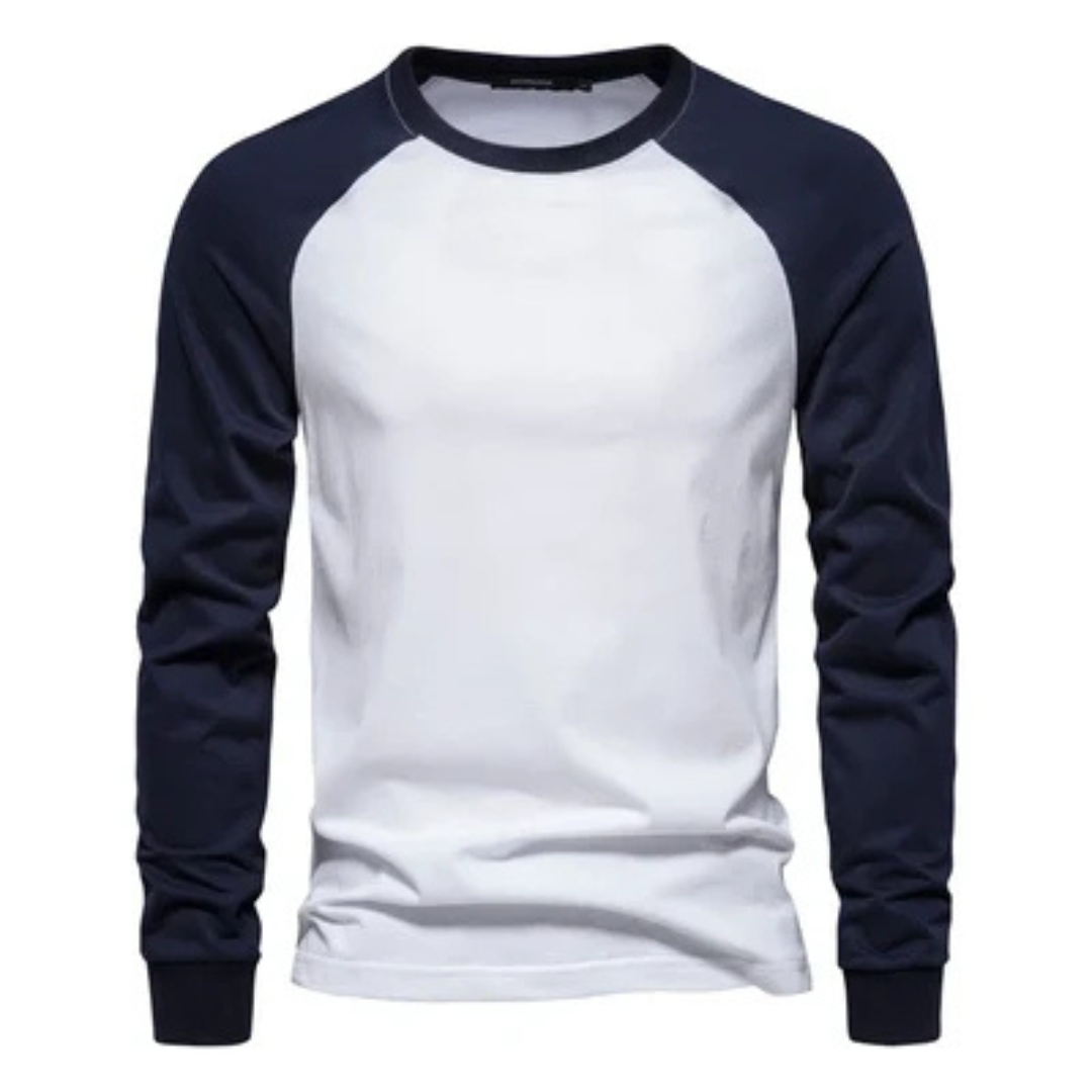 Herren Langarm-Raglanshirt mit Kontrastärmeln - Rundhals-Ausschnitt, schmale Passform, Brustlogo