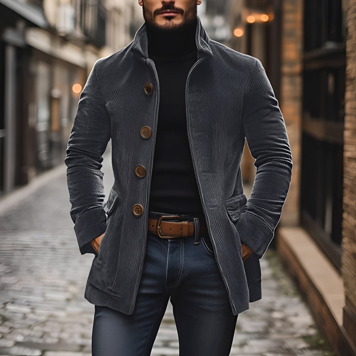 Herren Modejacke Peacoat Slim Fit mit Stehkragen und Knopfverschluss