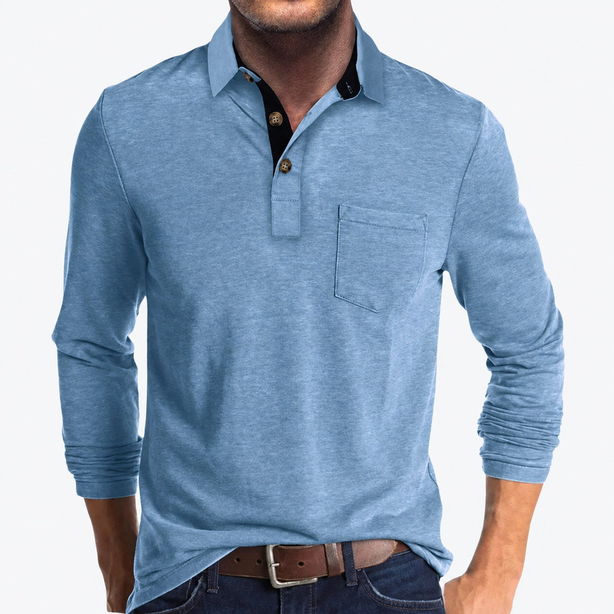 Herren Polo mit Langarm, klassische Knopfleiste, Brusttasche, taillierte Passform