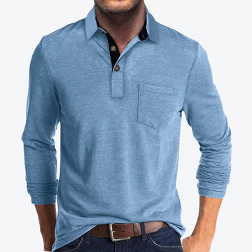 Herren Polo mit Langarm, klassische Knopfleiste, Brusttasche, taillierte Passform