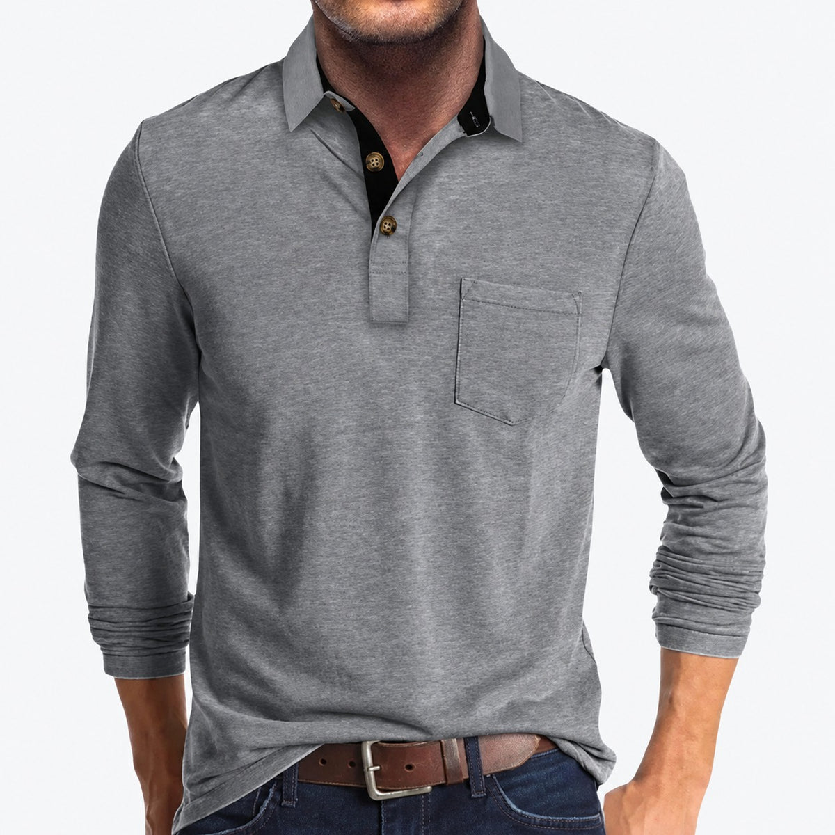 Herren Polo mit Langarm, klassische Knopfleiste, Brusttasche, taillierte Passform