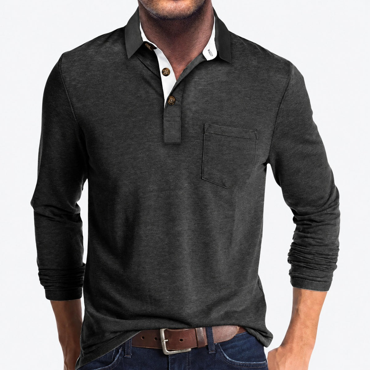 Herren Polo mit Langarm, klassische Knopfleiste, Brusttasche, taillierte Passform