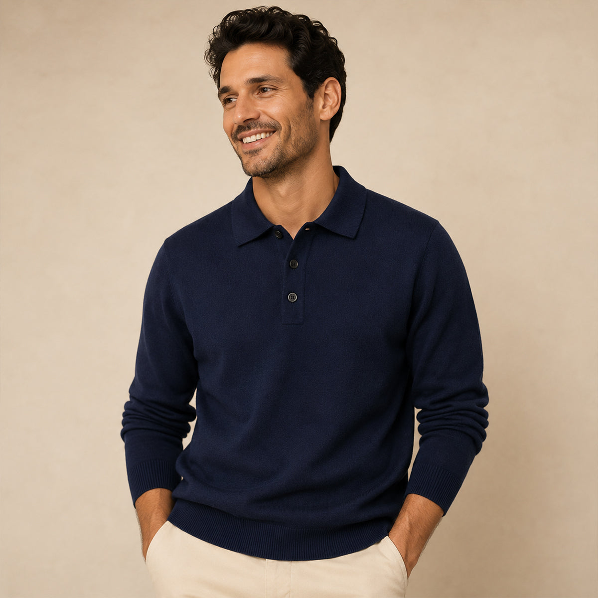 Herren Polo Pullover - Klassischer Kragen, Langarm, Slim Fit