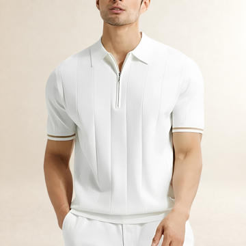 Herren Poloshirt Kurzarm mit Reißverschluss und vertikalen Streifen - Slim Fit