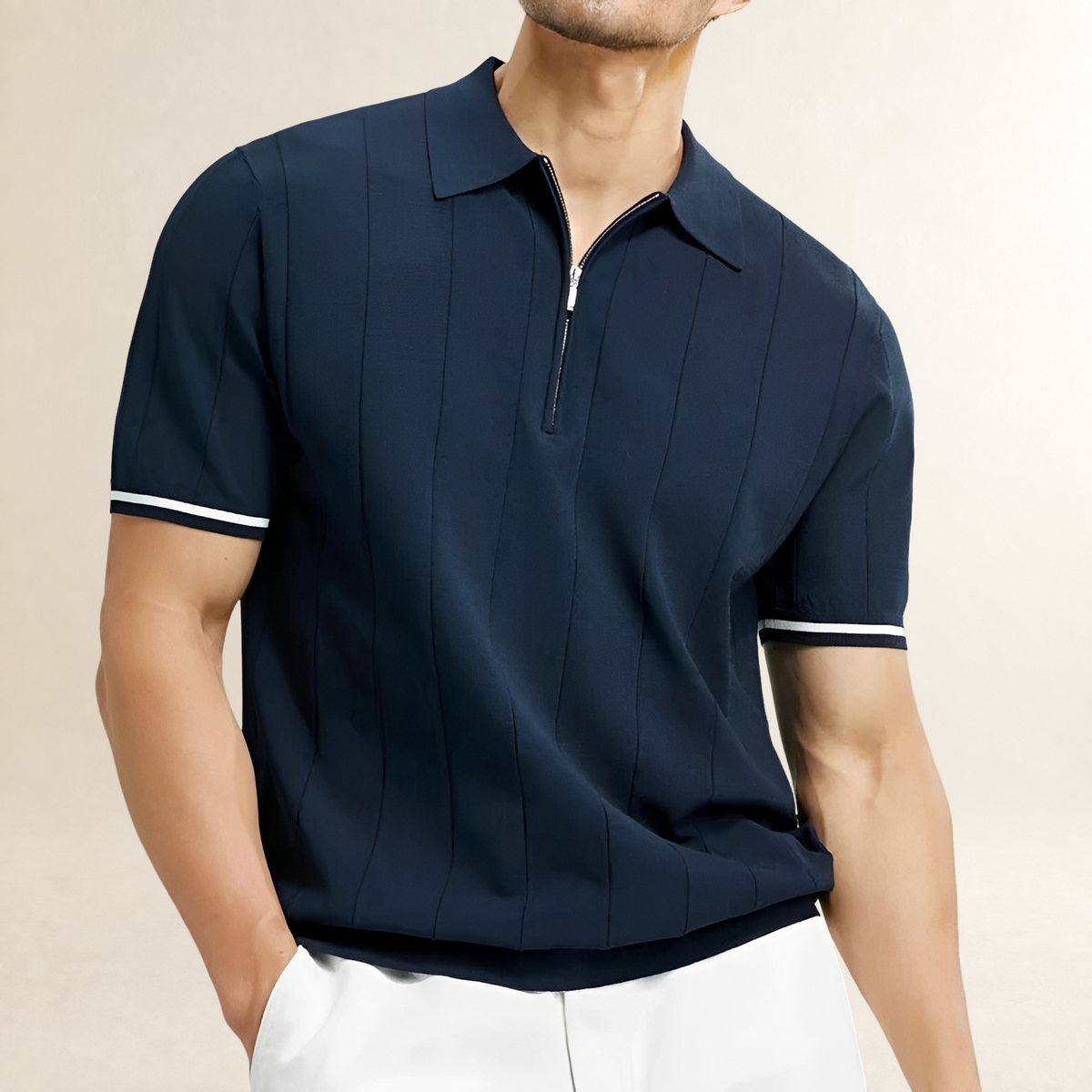 Herren Poloshirt Kurzarm mit Reißverschluss und vertikalen Streifen - Slim Fit