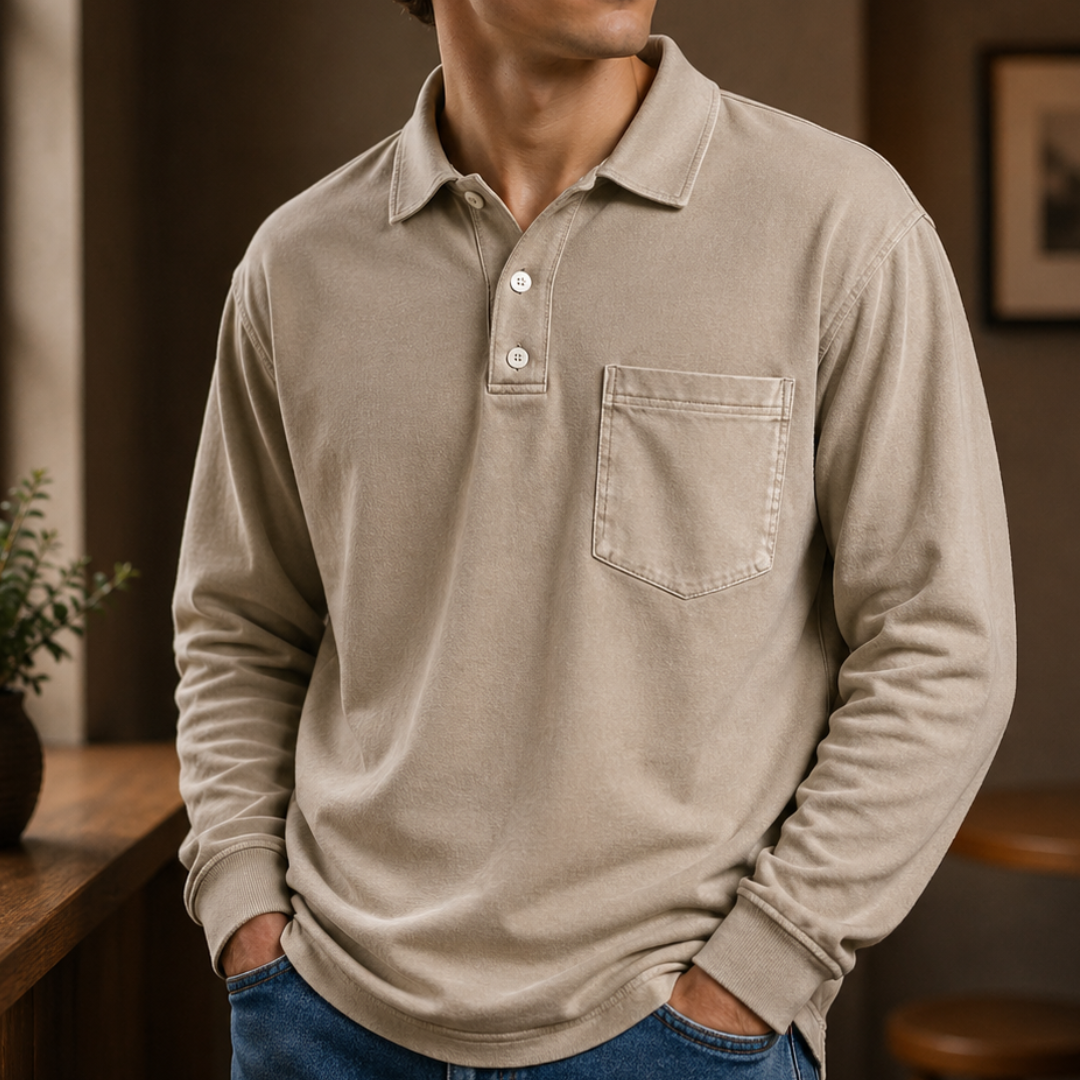Herren Poloshirt Langarm mit Knopfleiste und Brusttasche - Regulärer Schnitt