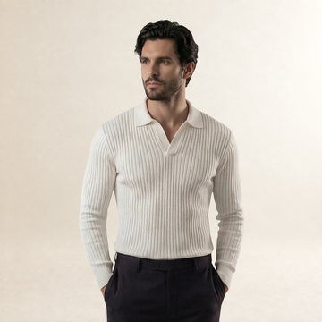 Herren Poloshirt mit V-Ausschnitt und offener Knopfleiste - Rippstruktur, schmaler Schnitt