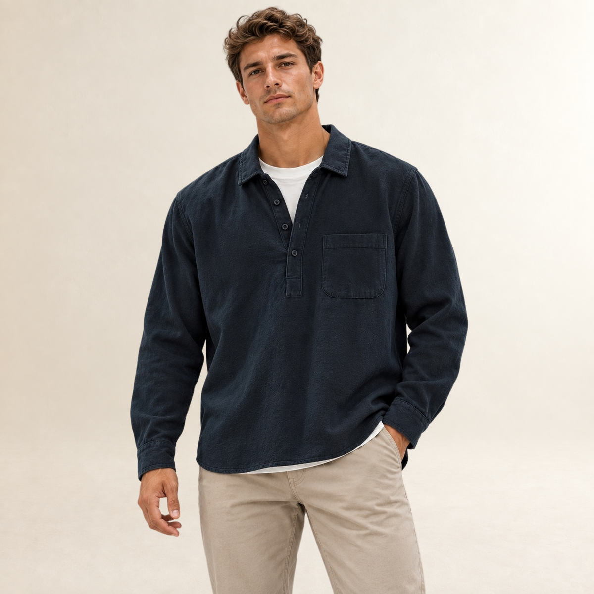 Herren Popover Hemd mit Langarm, Knopfleiste und Brusttasche
